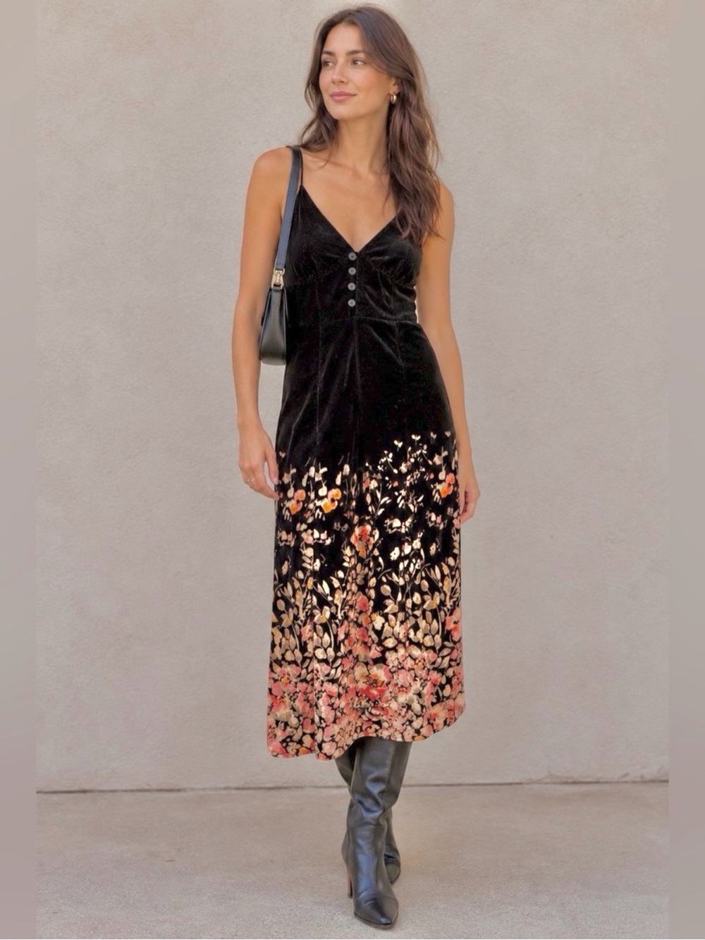 Black Velvet Slip Midi Dress with Floral Ombre Hem - Urban Outfitters